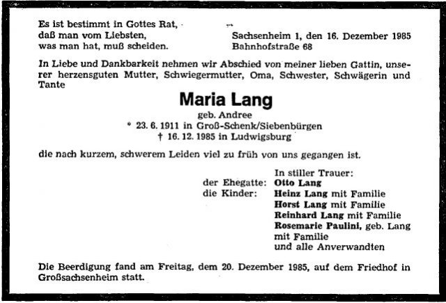 Andree Maria 1911-1985 Todesanzeige